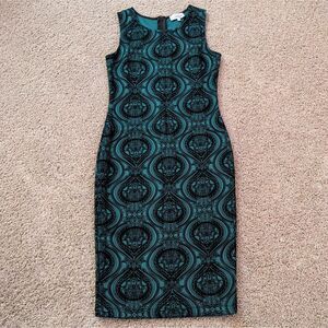 Olivia Matthews Dress Womens 6 Green Black Velvet Burnout Bodycon Midi Holiday